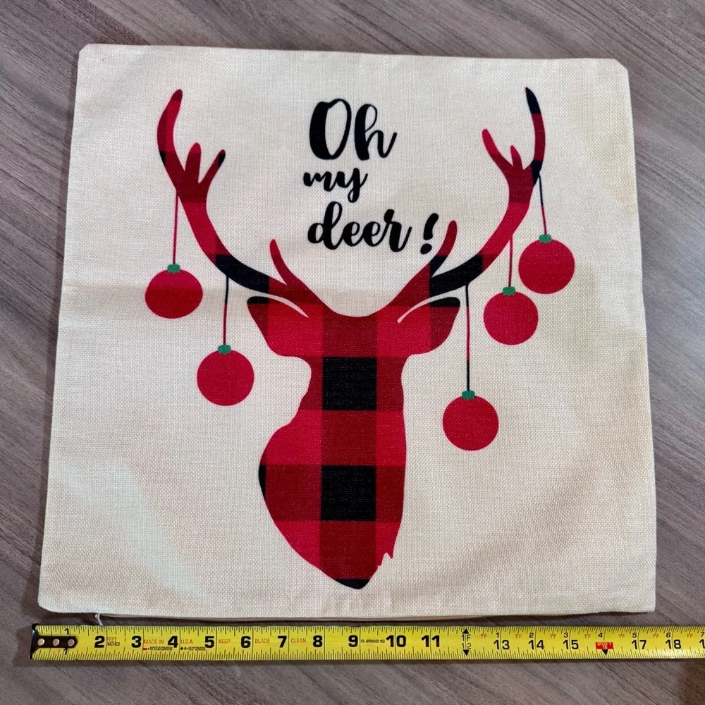 Festive Plaid and Reindeer Pillow Covers-17”x17”